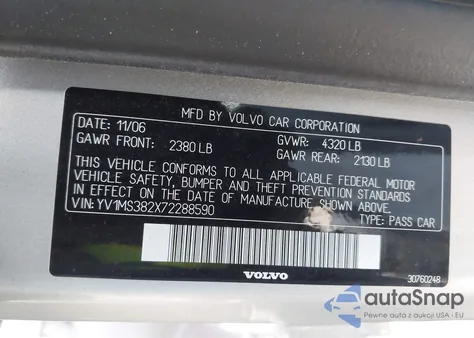 2007 Volvo S40 2.4I z USA, uszkodzony, nr VIN YV1MS382X72288590